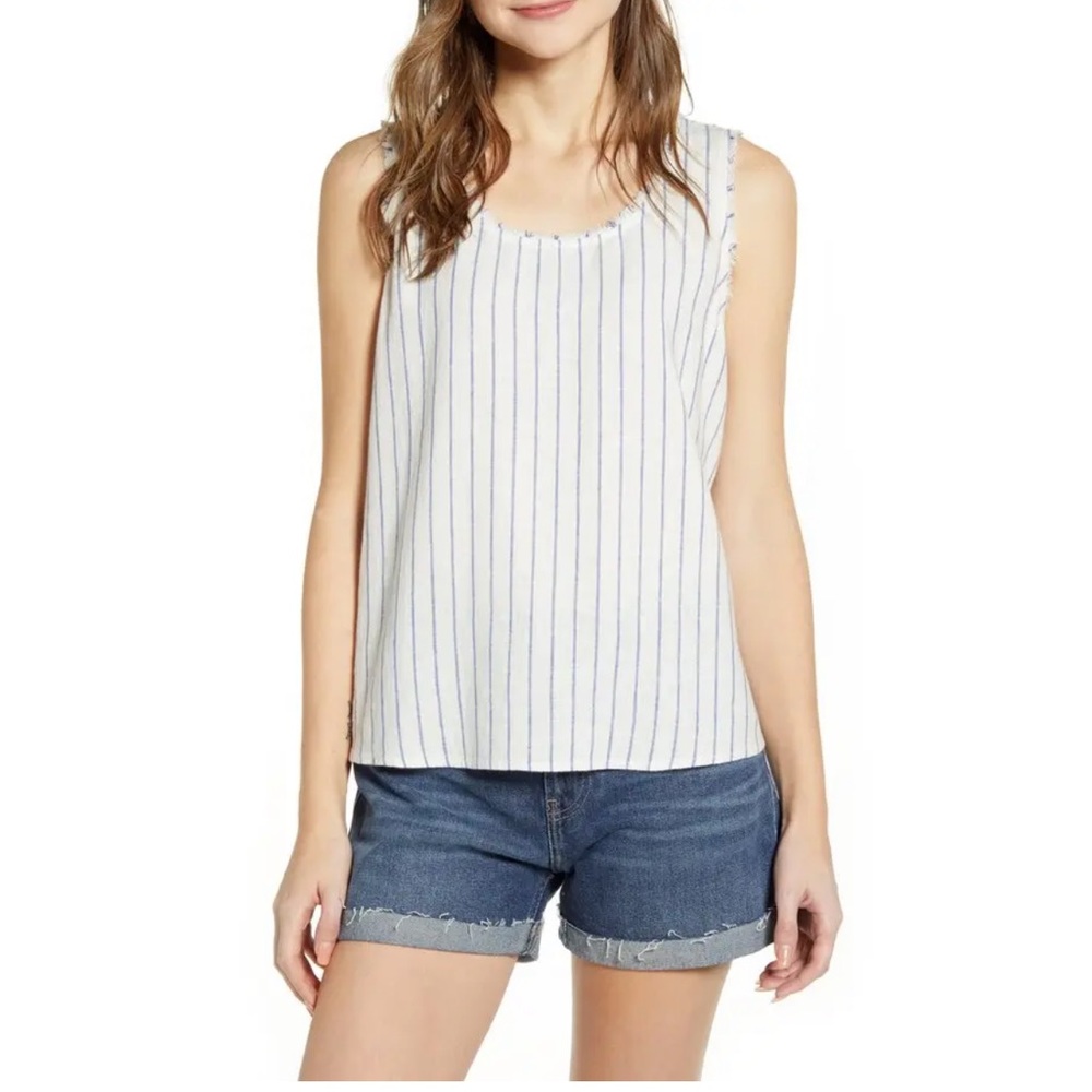 Caslon stripe raw edge linen blend sleeveless top